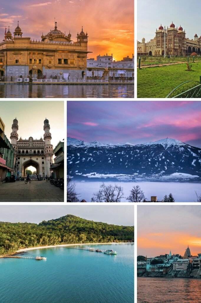 a collage of different pictures of buildings and a lake